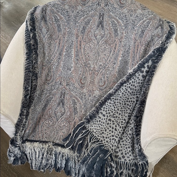 Luxury Gray Blue Cashmere Reversible Leopard Paisley Print Rabbit Fur Scarf Wrap - Picture 12 of 12
